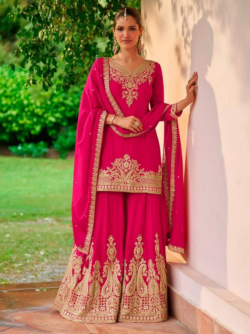 Pink color smart and ethnic looks heavy ceremonial palazzo dress for treny girls