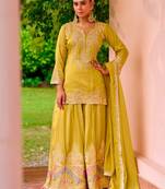 Yellow color smart and ethnic looks heavy ceremonial palazzo dress for treny girls