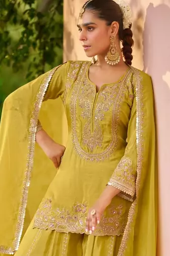 Yellow color smart and ethnic looks heavy ceremonial palazzo dress for treny girls