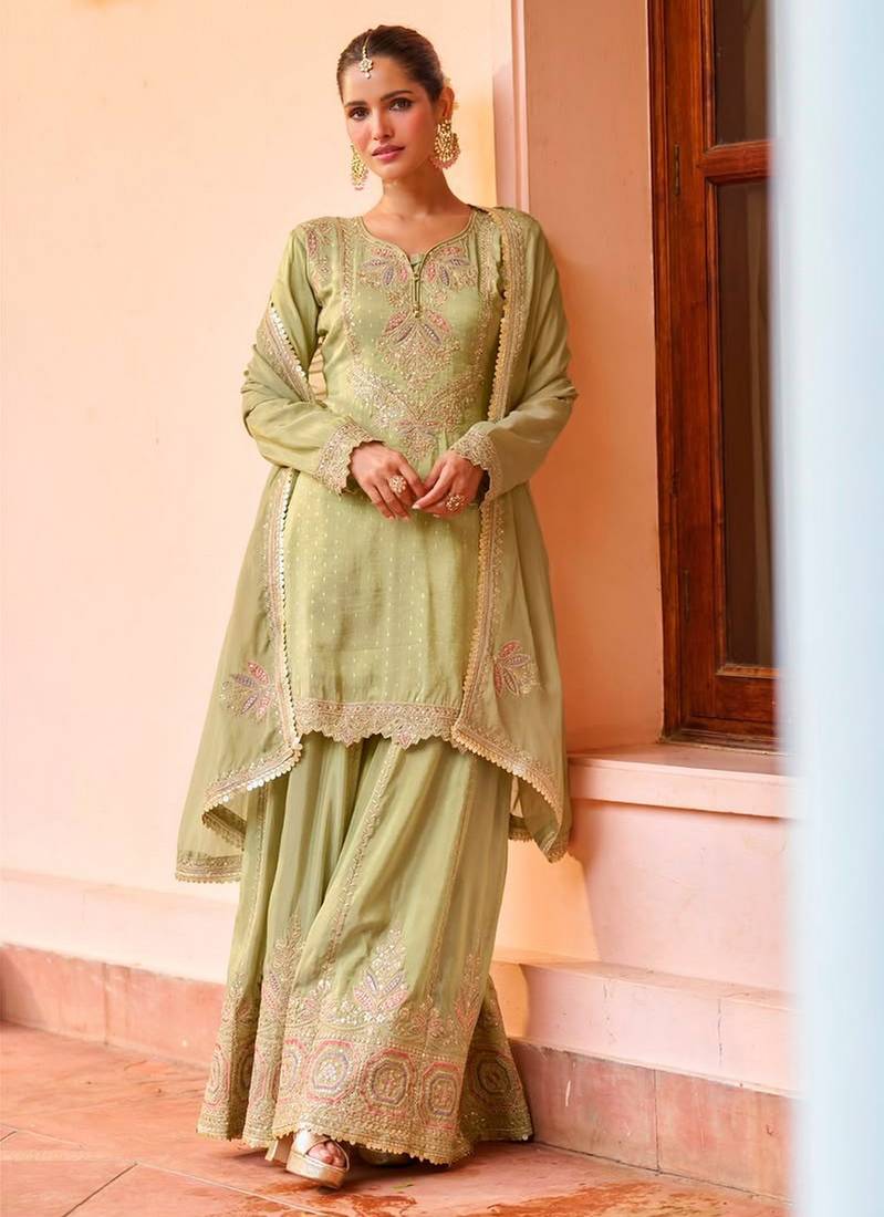 Pista color smart and ethnic looks heavy ceremonial palazzo dress for treny girls