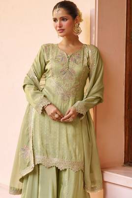 Pista color smart and ethnic looks heavy ceremonial palazzo dress for treny girls 2