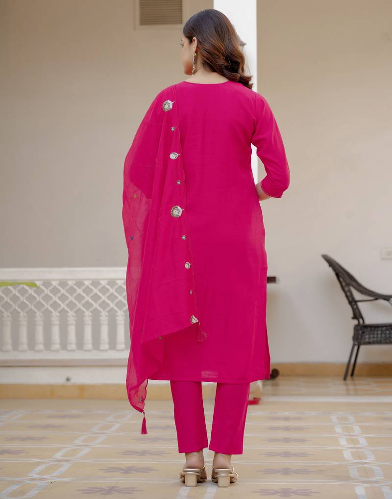 Pink color viscose silk fabric embroidered work kurta set