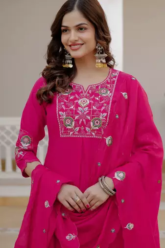 Pink color viscose silk fabric embroidered work kurta set