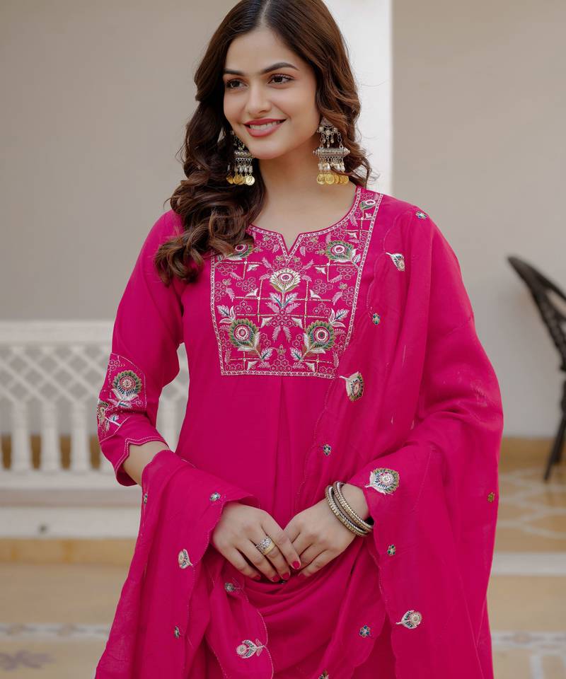 Pink color viscose silk fabric embroidered work kurta set