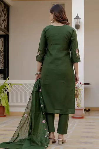 Green color viscose silk fabric embroidered work kurta set