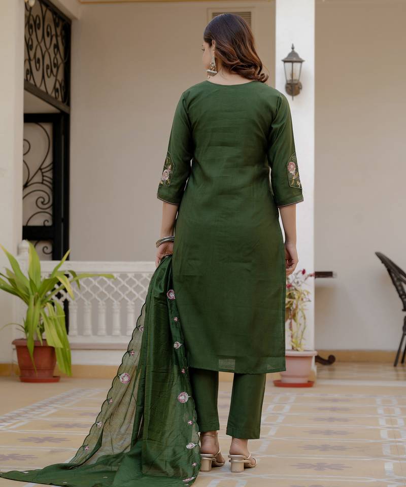 Green color viscose silk fabric embroidered work kurta set