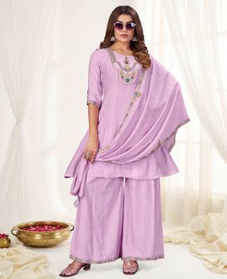 Lavender color viscose roman silk readymade suit for ethnic rich looks 1