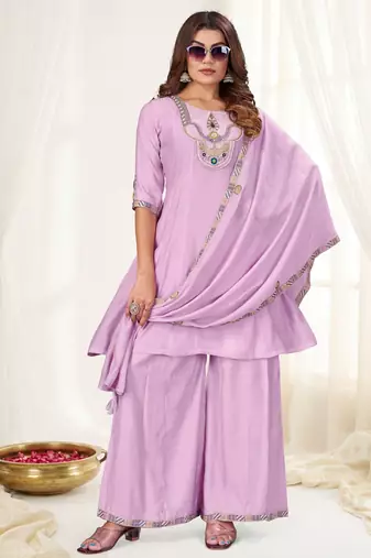 Lavender color viscose roman silk readymade suit for ethnic rich looks