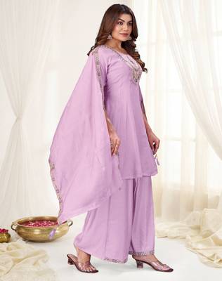 Lavender color viscose roman silk readymade suit for ethnic rich looks 2
