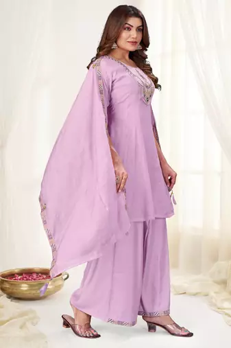 Lavender color viscose roman silk readymade suit for ethnic rich looks