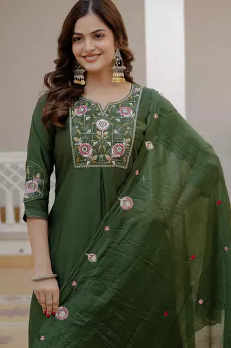 Green color viscose silk fabric embroidered work kurta set