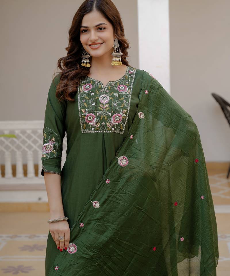 Green color viscose silk fabric embroidered work kurta set