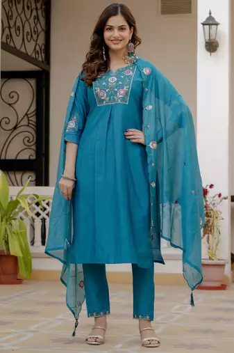 Firozi color viscose silk fabric embroidered work kurta set