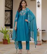 Firozi color viscose silk fabric embroidered work kurta set
