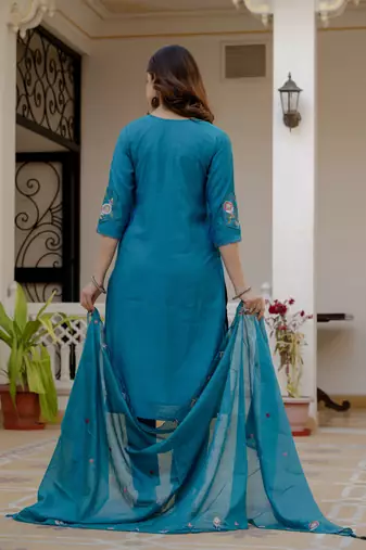 Firozi color viscose silk fabric embroidered work kurta set