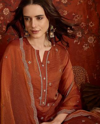 Rust color smart and ethnic silk fabric embroidered partywear suit 3