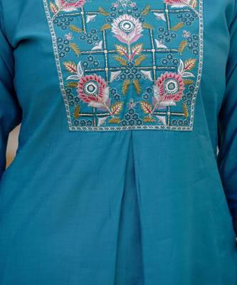 Firozi color viscose silk fabric embroidered work kurta set 3