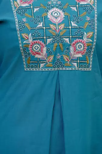 Firozi color viscose silk fabric embroidered work kurta set