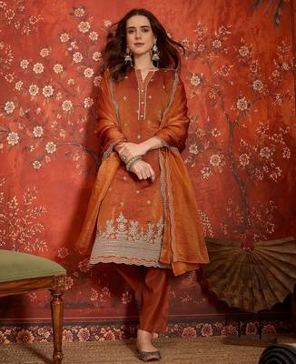 Rust color smart and ethnic silk fabric embroidered partywear suit 4