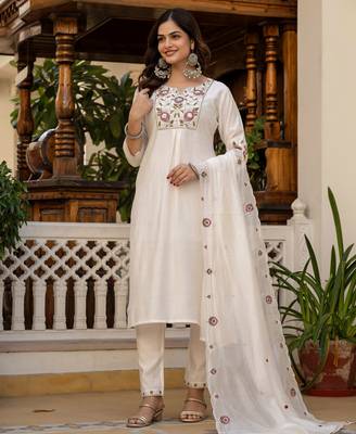 White color viscose silk fabric embroidered work kurta set 1
