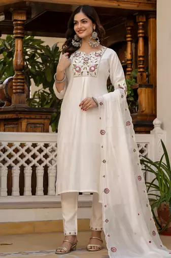 White color viscose silk fabric embroidered work kurta set