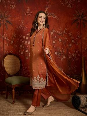 Rust color smart and ethnic silk fabric embroidered partywear suit 5