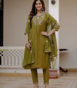 Mehendi color viscose silk fabric embroidered work kurta set