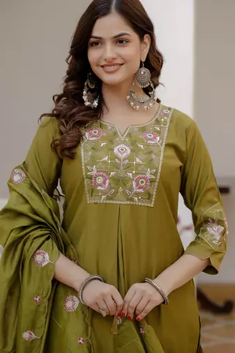 Mehendi color viscose silk fabric embroidered work kurta set