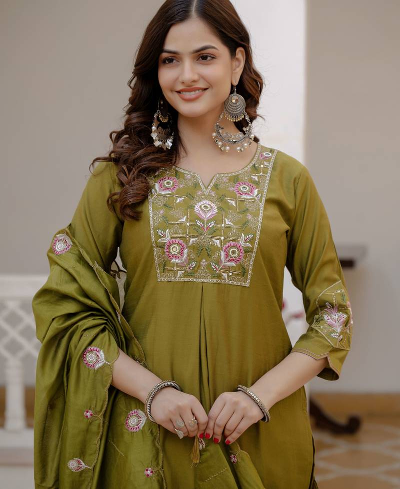 Mehendi color viscose silk fabric embroidered work kurta set