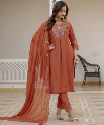 Rust color viscose silk fabric embroidered work kurta set 1