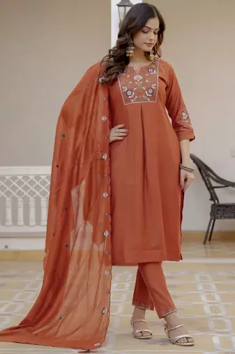 Rust color viscose silk fabric embroidered work kurta set