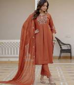 Rust color viscose silk fabric embroidered work kurta set