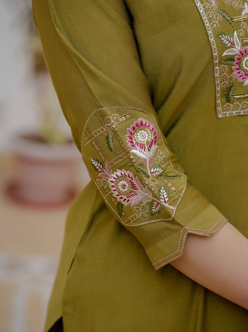 Mehendi color viscose silk fabric embroidered work kurta set