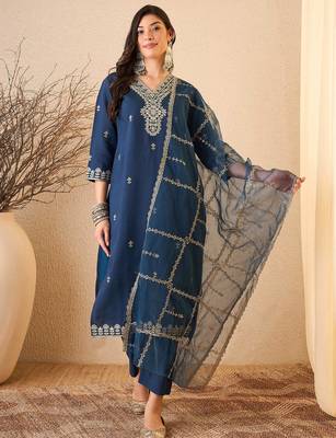 Blue color smart and fancy silk blend embroidered readymade salwar kameez 1
