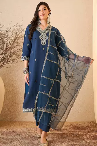 Blue color smart and fancy silk blend embroidered readymade salwar kameez