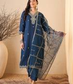 Blue color smart and fancy silk blend embroidered readymade salwar kameez