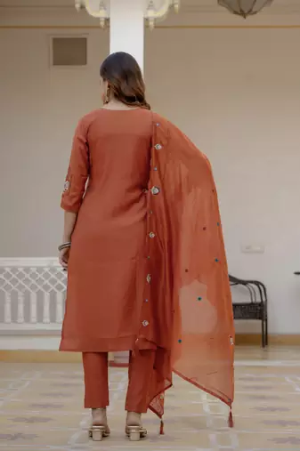Rust color viscose silk fabric embroidered work kurta set