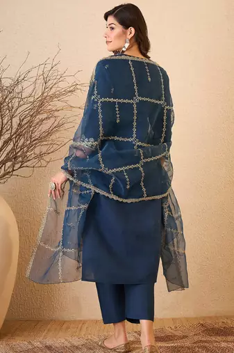 Blue color smart and fancy silk blend embroidered readymade salwar kameez