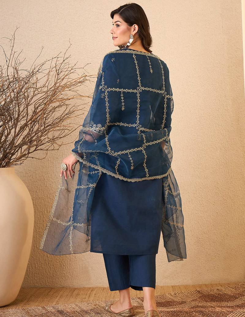 Blue color smart and fancy silk blend embroidered readymade salwar kameez