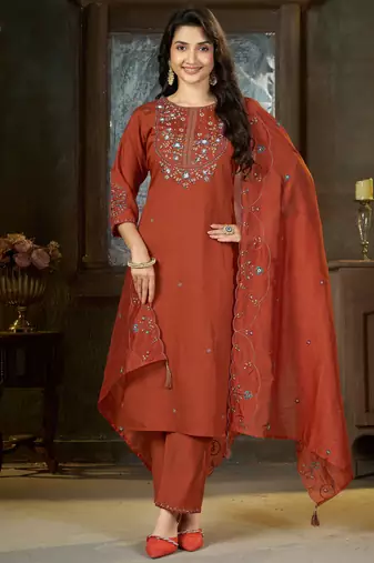 Rust color marina silk fabric thread embroidered ethnic fancy kurta set