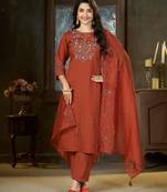Rust color marina silk fabric thread embroidered ethnic fancy kurta set