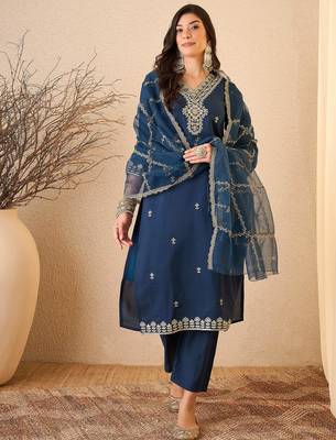 Blue color smart and fancy silk blend embroidered readymade salwar kameez 3