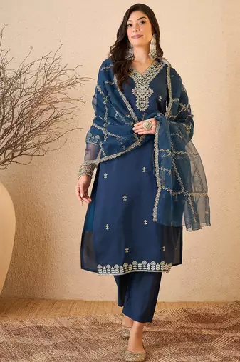 Blue color smart and fancy silk blend embroidered readymade salwar kameez