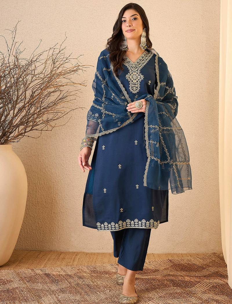 Blue color smart and fancy silk blend embroidered readymade salwar kameez