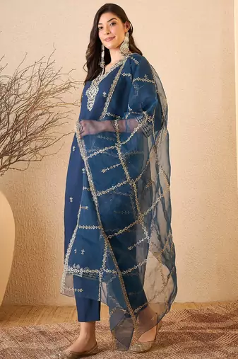 Blue color smart and fancy silk blend embroidered readymade salwar kameez