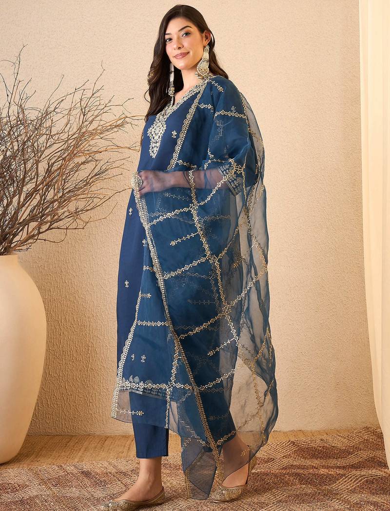 Blue color smart and fancy silk blend embroidered readymade salwar kameez