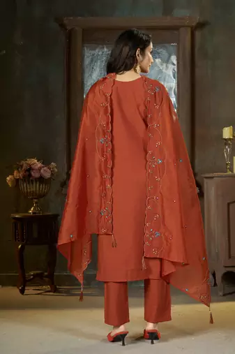 Rust color marina silk fabric thread embroidered ethnic fancy kurta set