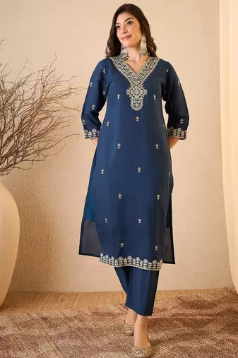 Blue color smart and fancy silk blend embroidered readymade salwar kameez