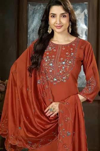 Rust color marina silk fabric thread embroidered ethnic fancy kurta set