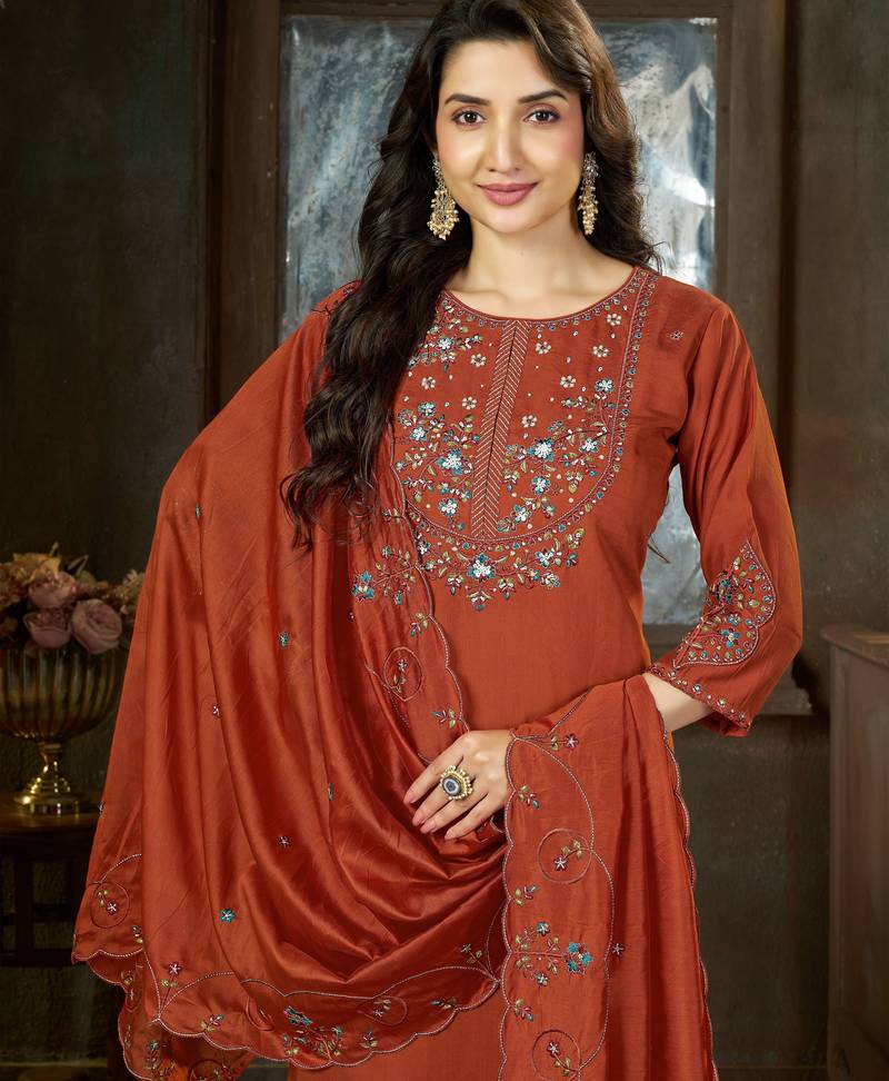 Rust color marina silk fabric thread embroidered ethnic fancy kurta set